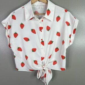 Strawberry Print White Tie-Front button down Blouse‎ small retro twee artsy
